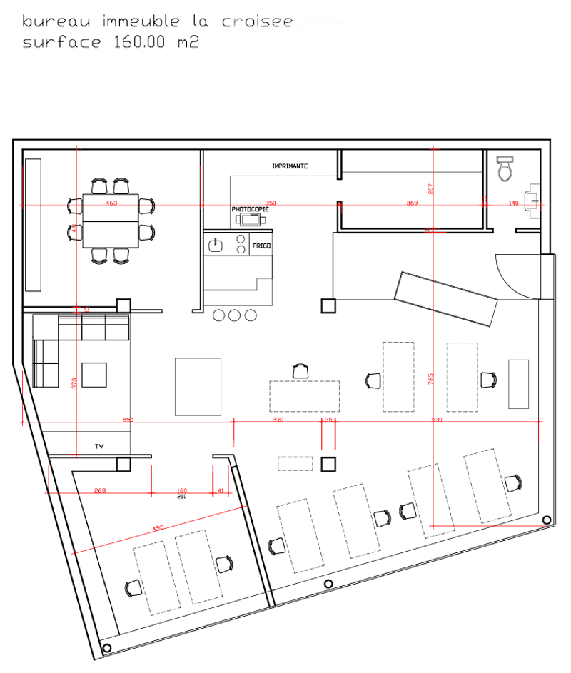 Office floor plan with a reception area, meeting room, kitchen, and several workstations.