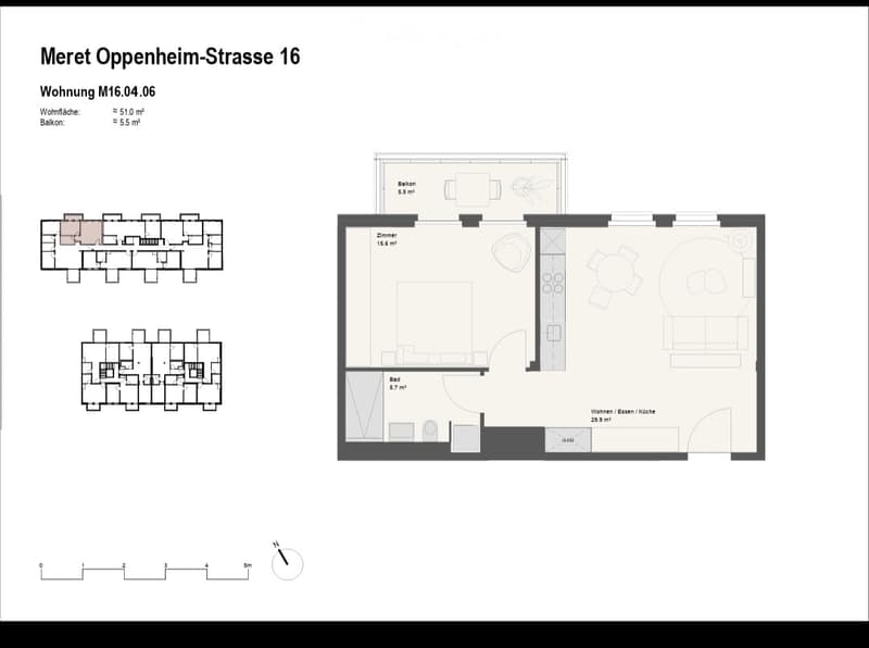 Floor plan of apartment M16.04.06 with living area, bedroom, bathroom, and balcony.