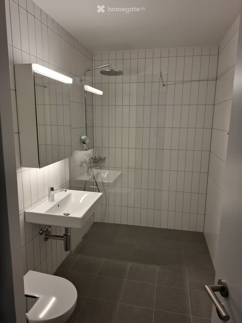 Modern bathroom with white tiles, a sink, toilet, shower, and a large mirror with built-in lighting.
