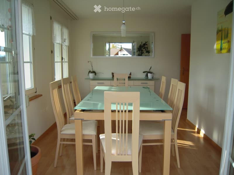 Bright dining room with a glass table, six light wooden chairs, a cabinet with a mirror above it, and potted plants on the windowsill.