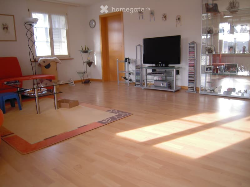 Bright living room with wooden flooring, large windows, a red sofa, a glass coffee table, a TV stand, and several shelves.