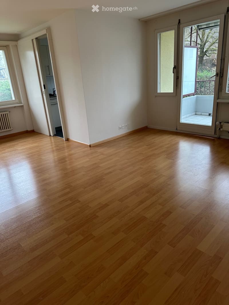 Empty room with wooden flooring, white walls, and large windows. Features a sliding glass door leading to a balcony and a radiator on one wall.