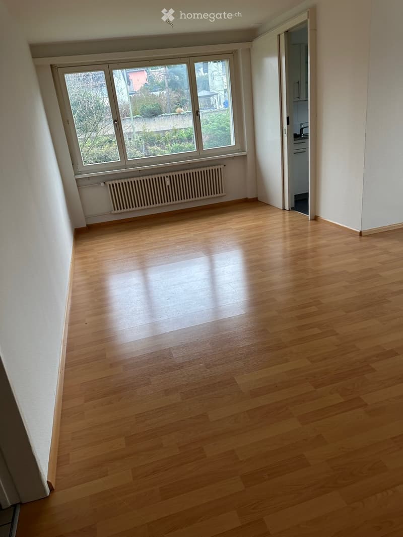 Empty room with light wooden flooring, white walls, and a large window with a radiator below it. The room is unfurnished and has a door leading to another room.