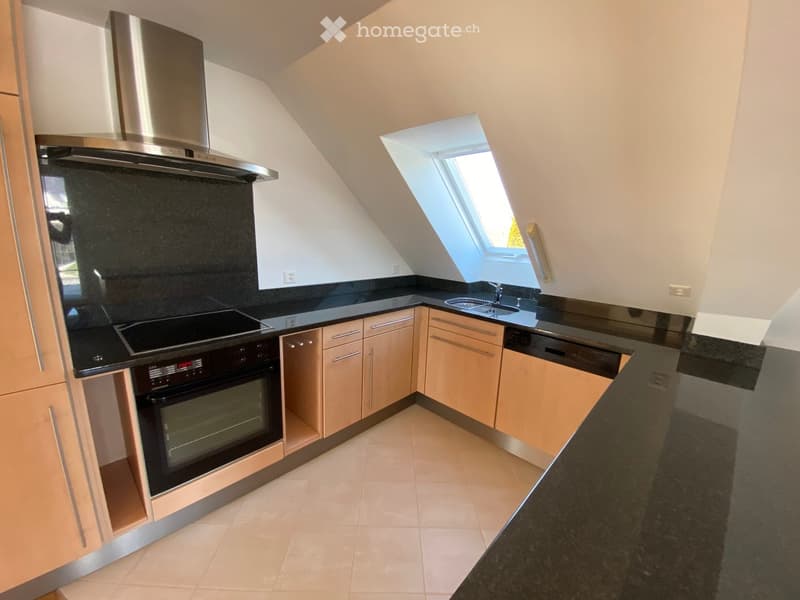 Modern kitchen with light wooden cabinets, black countertops, stainless steel appliances, and a skylight window above the sink.