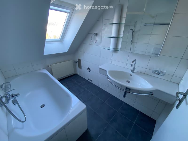 Modern bathroom with a bathtub, sink, glass shelf, and mirror. Features a skylight window and tiled walls and floor.