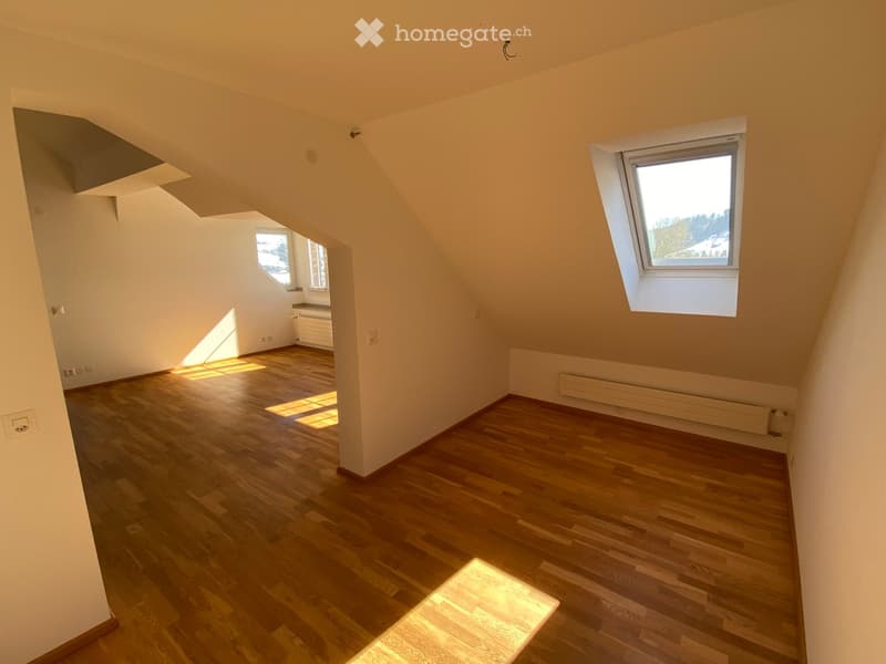 Empty attic room with wooden flooring, white walls, and skylight windows allowing natural light to enter.