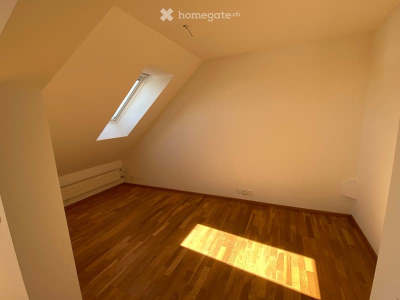 Empty attic room with wooden flooring, white walls, and a skylight window allowing natural light to enter.