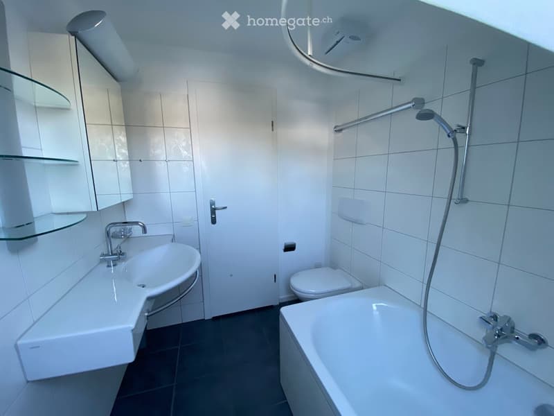 Modern bathroom with white tiles, a sink, bathtub, toilet, and a glass-fronted mirror cabinet.