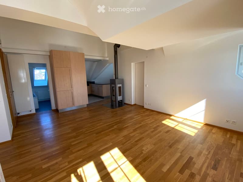 Empty room with wooden flooring, white walls, and a fireplace in the corner. Sunlight streams in from a window on the right side.