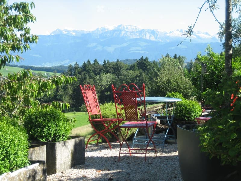 Garden area with a red metal table and chairs, surrounded by greenery and offering a scenic mountain view.