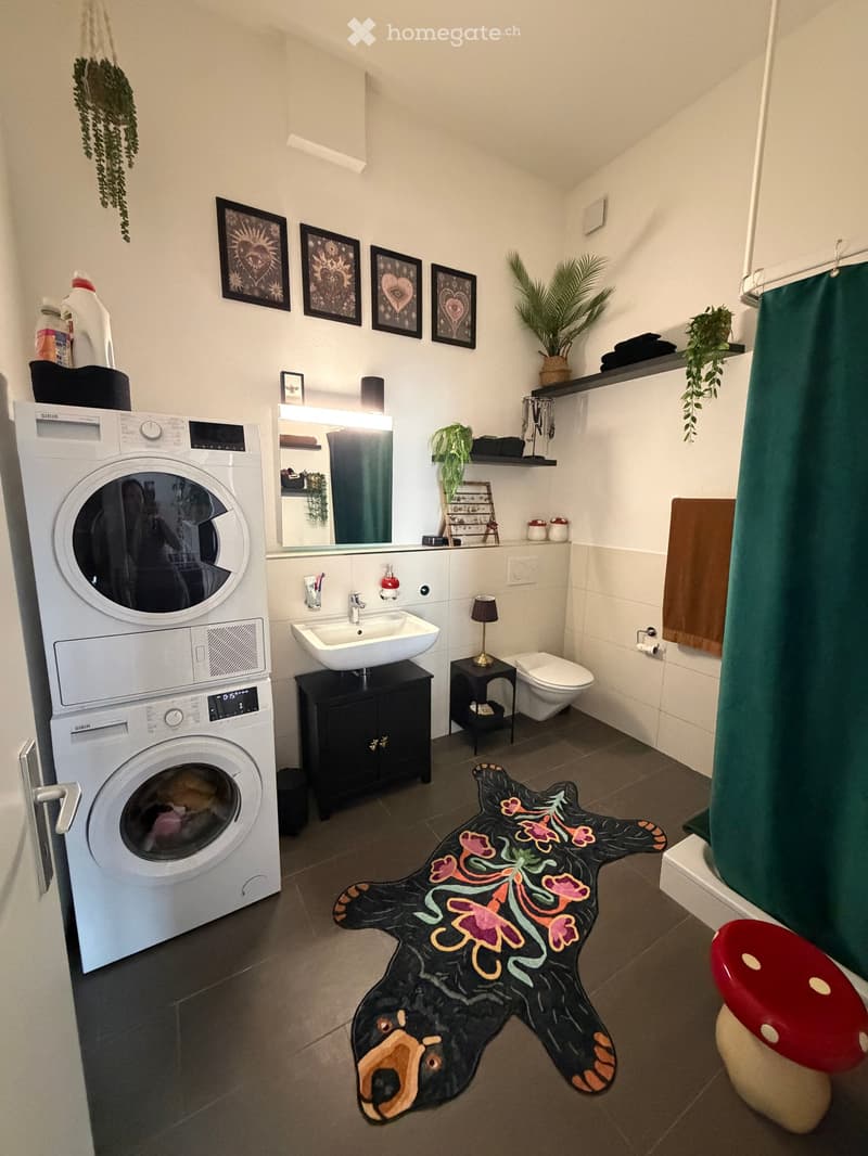 Bathroom with a washing machine, sink, mirror, toilet, and decorative elements including a bear-shaped rug and framed pictures on the wall.
