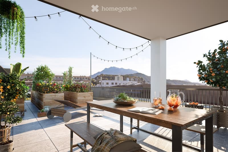 A modern rooftop terrace with a wooden table, bench seating, potted plants, and a scenic mountain view in the background.