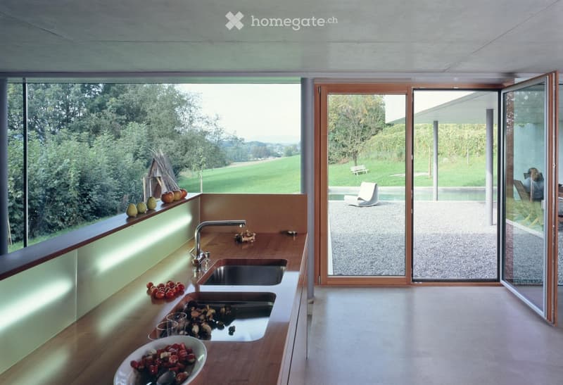 Modern kitchen with wooden countertops, stainless steel sink, and large windows overlooking a green landscape.