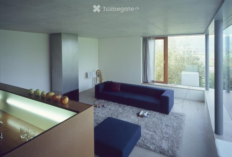 Modern living room with large windows offering a scenic view, featuring a dark blue sectional sofa, ottoman, glass table with fruit, floor lamp, and a white table lamp.