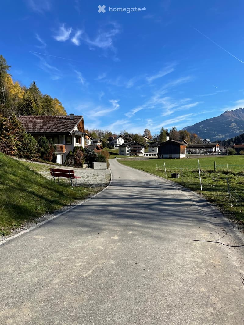 A rural road lined with houses and trees, leading towards a mountainous backdrop under a clear blue sky.