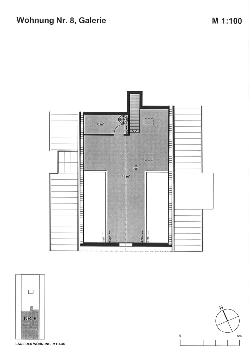 Floor plan of apartment number 8, featuring a gallery level with a 48 m² main space and a 6 m² smaller area, including a staircase and a small closet.