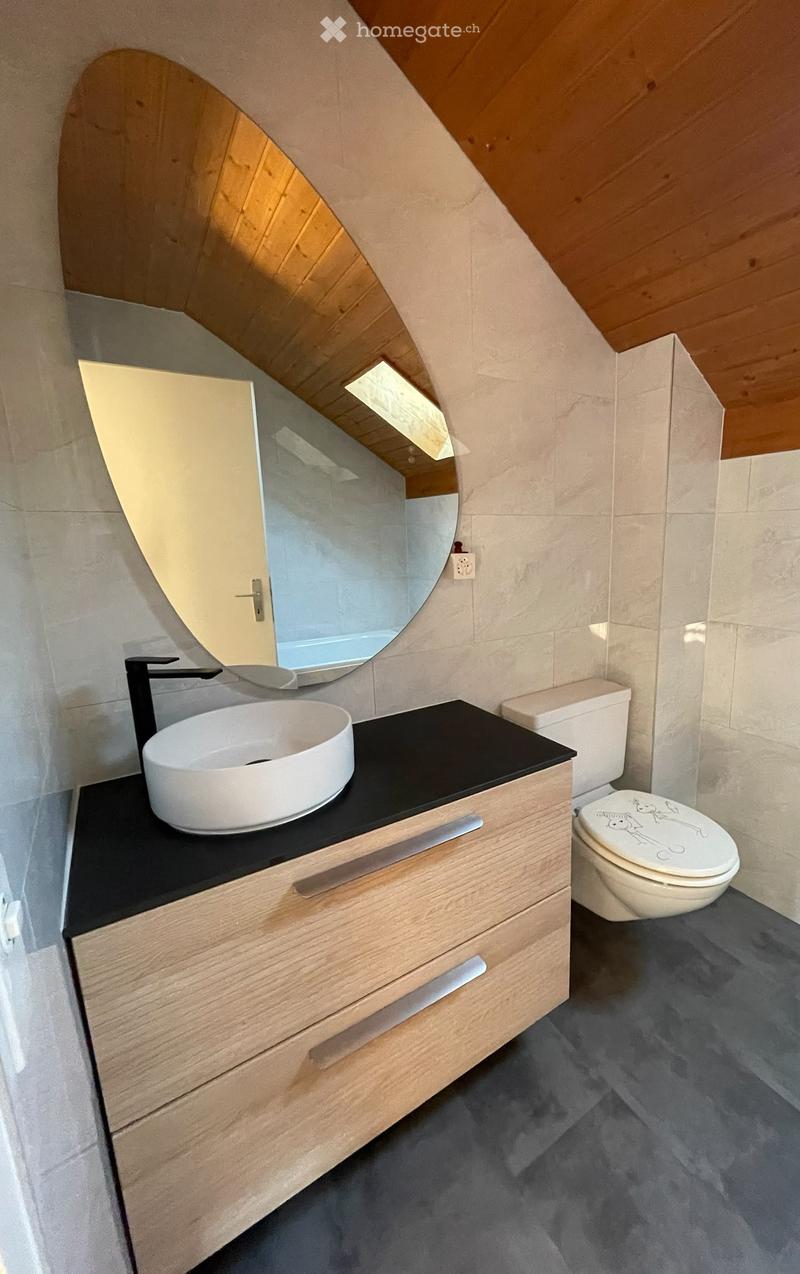 Modern bathroom with a sleek wooden vanity, black countertop, white sink, and a round mirror above it. A toilet is positioned next to the vanity, and the room features a sloped wooden ceiling and grey tiled walls.