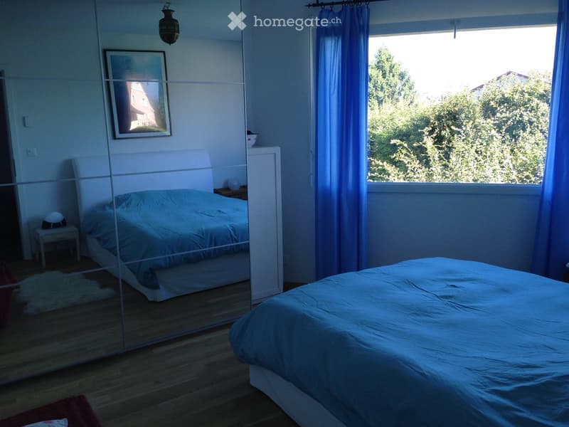 Modern bedroom with two beds, large mirror, nightstand, picture frame, and blue curtains on the window.