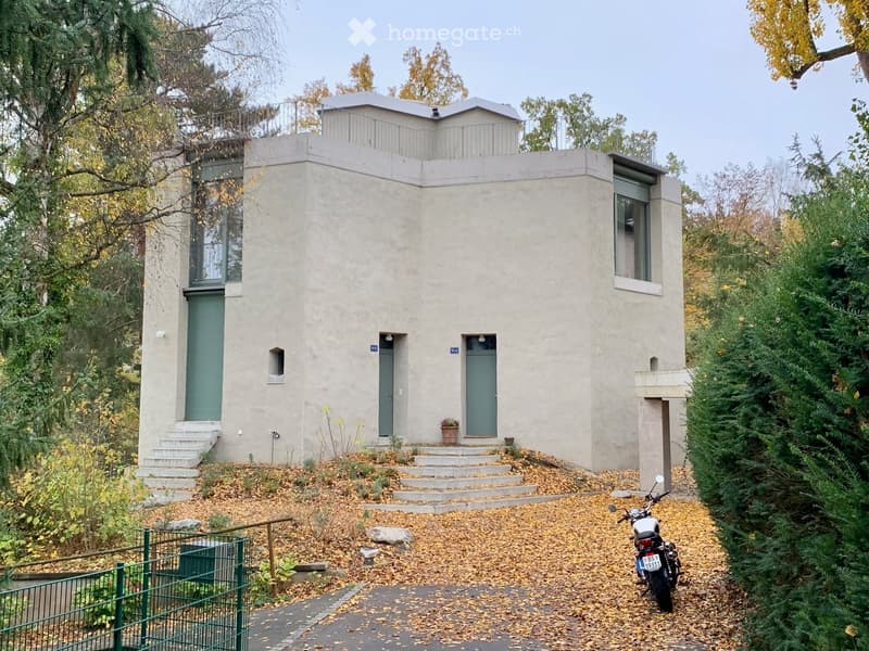 Modern two-story house with a flat roof, concrete facade, and multiple entrances, surrounded by trees and a paved pathway.