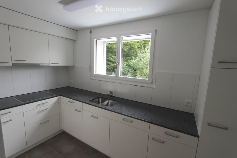 Modern kitchen with white cabinets, dark grey countertop, stainless steel sink, and large windows overlooking greenery.