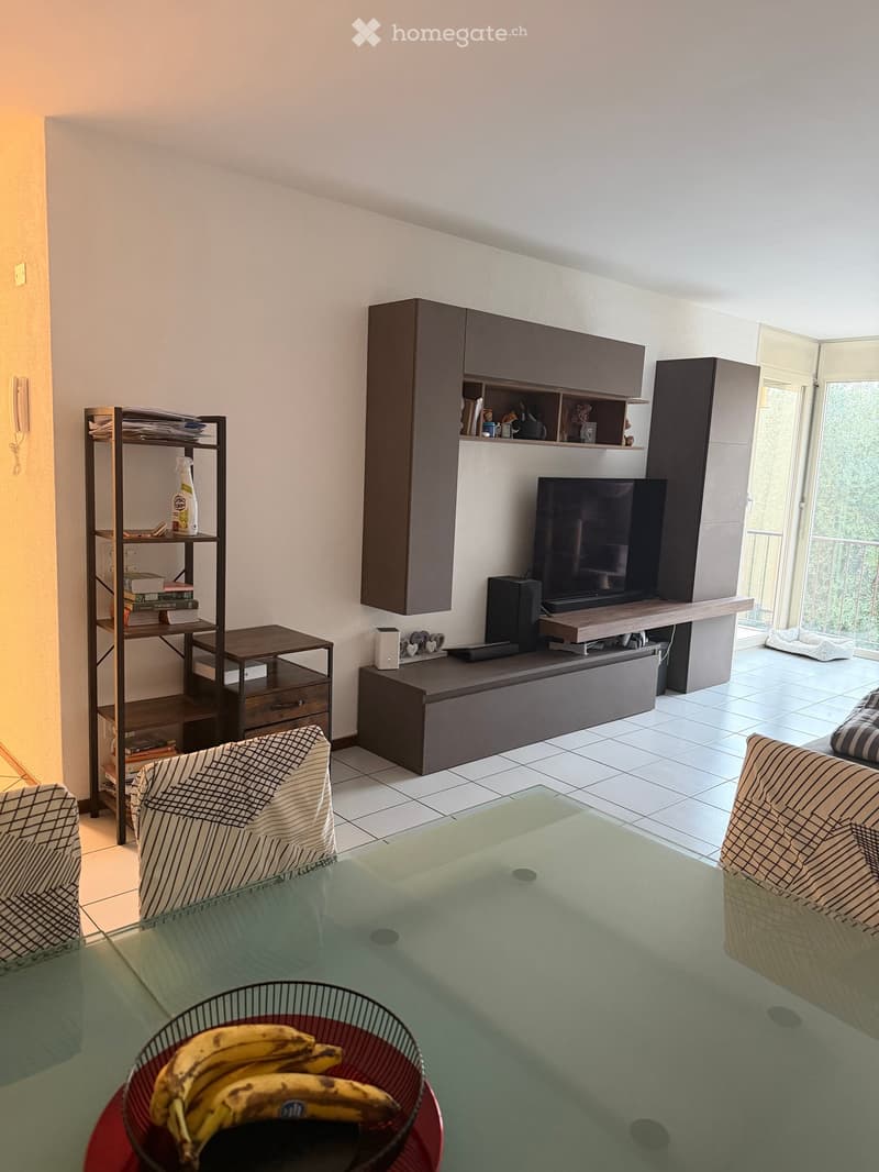 Modern living room with a glass coffee table, sofa, TV cabinet, shelves, and a fruit bowl on the table.