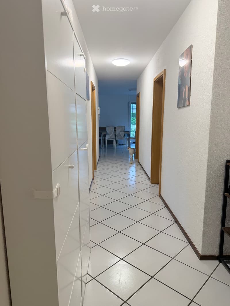 A clean, tiled hallway with white walls, wooden doors, and recessed lighting. A small dog is visible in the distance, and a framed picture hangs on the right wall.