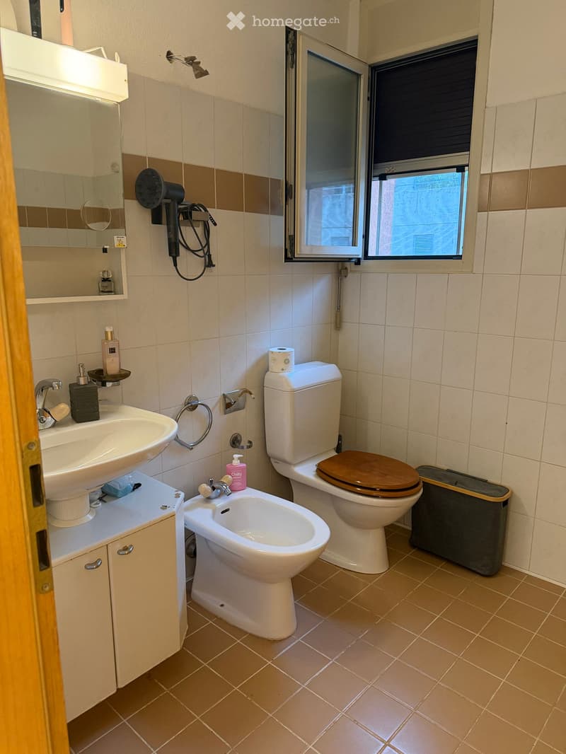 Bathroom with beige tiles, a sink, toilet, bidet, mirror, and a window with blinds. Includes a cabinet, soap dispenser, and a hair dryer mounted on the wall.