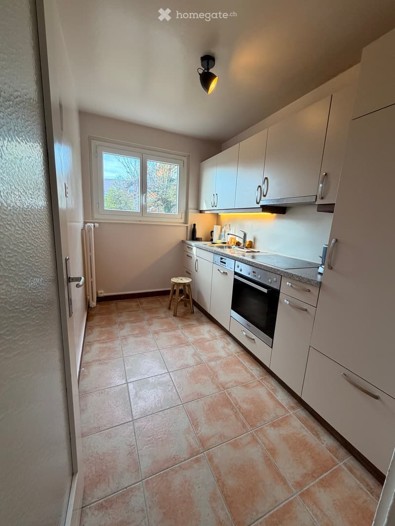 Modern kitchen with white cabinets, granite countertop, stainless steel oven, sink, and a small wooden stool.
