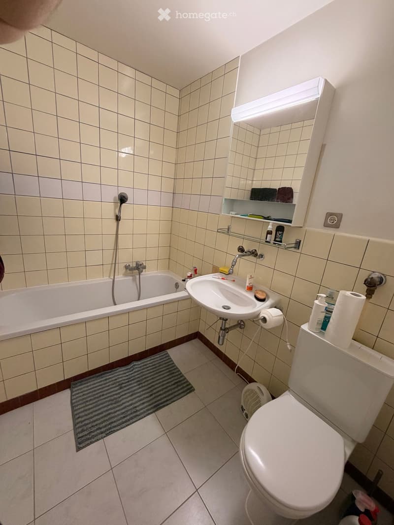 Bathroom with tiled walls, bathtub, sink, toilet, mirror, and a small towel on the floor.