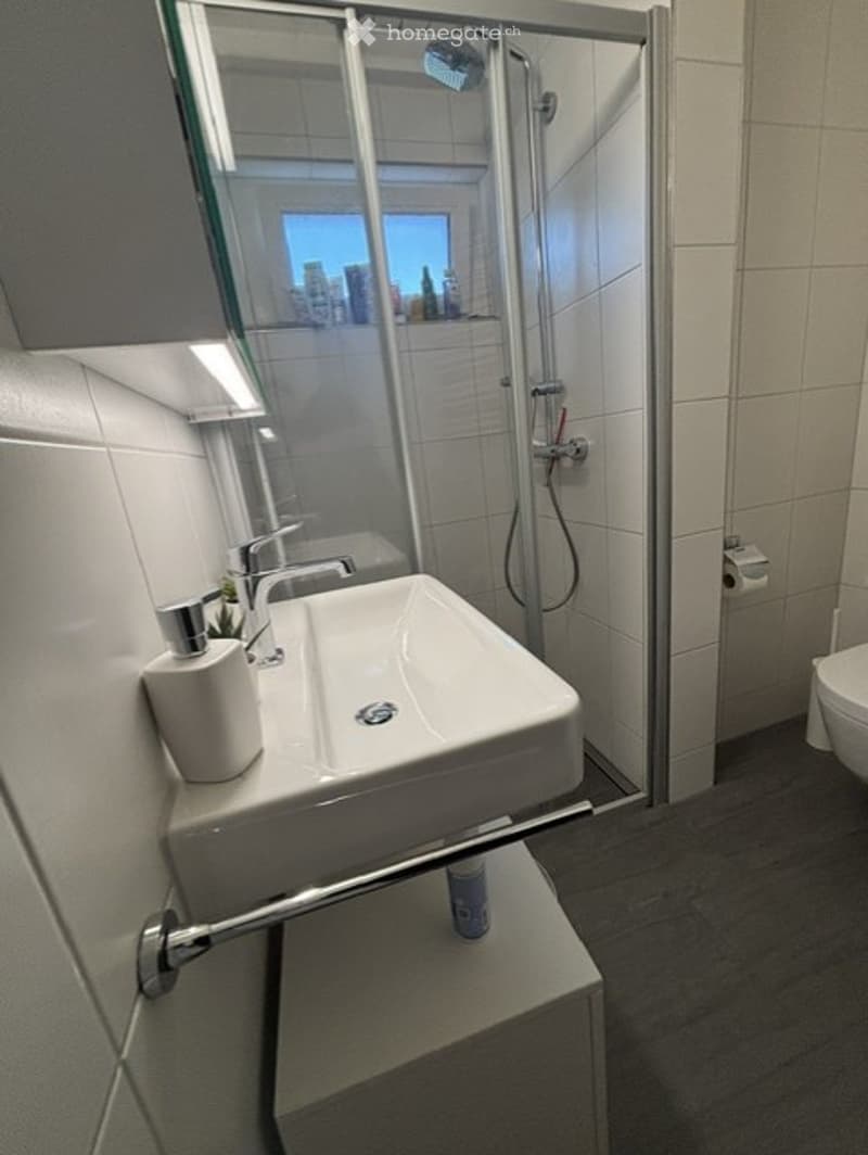 Modern bathroom with a white sink, chrome faucet, glass-enclosed shower, and a toilet. The space features white tiles and a dark grey floor.
