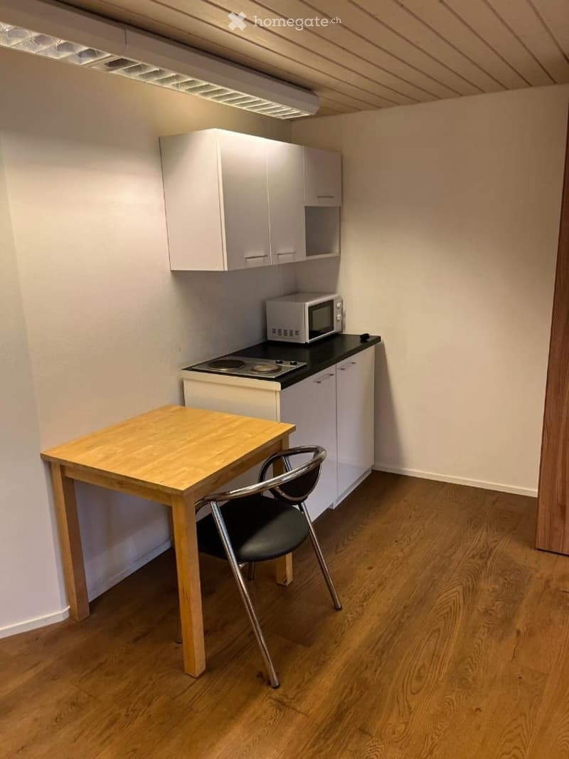 Compact room with light wooden flooring, white cabinets, a small induction stove, microwave, and a wooden table with a single chair.