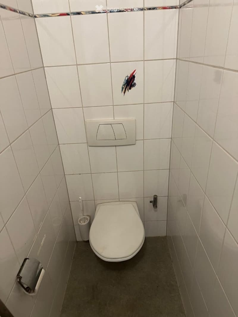 A small bathroom with white tiled walls and a grey floor. It features a toilet, a toilet paper holder, and a toilet brush holder.