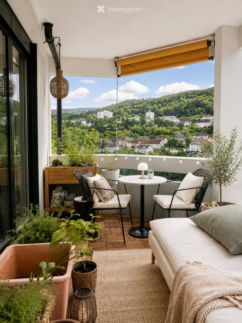 A modern balcony with a scenic view, featuring a sofa, small round table, two chairs, potted plants, and a woven rug.