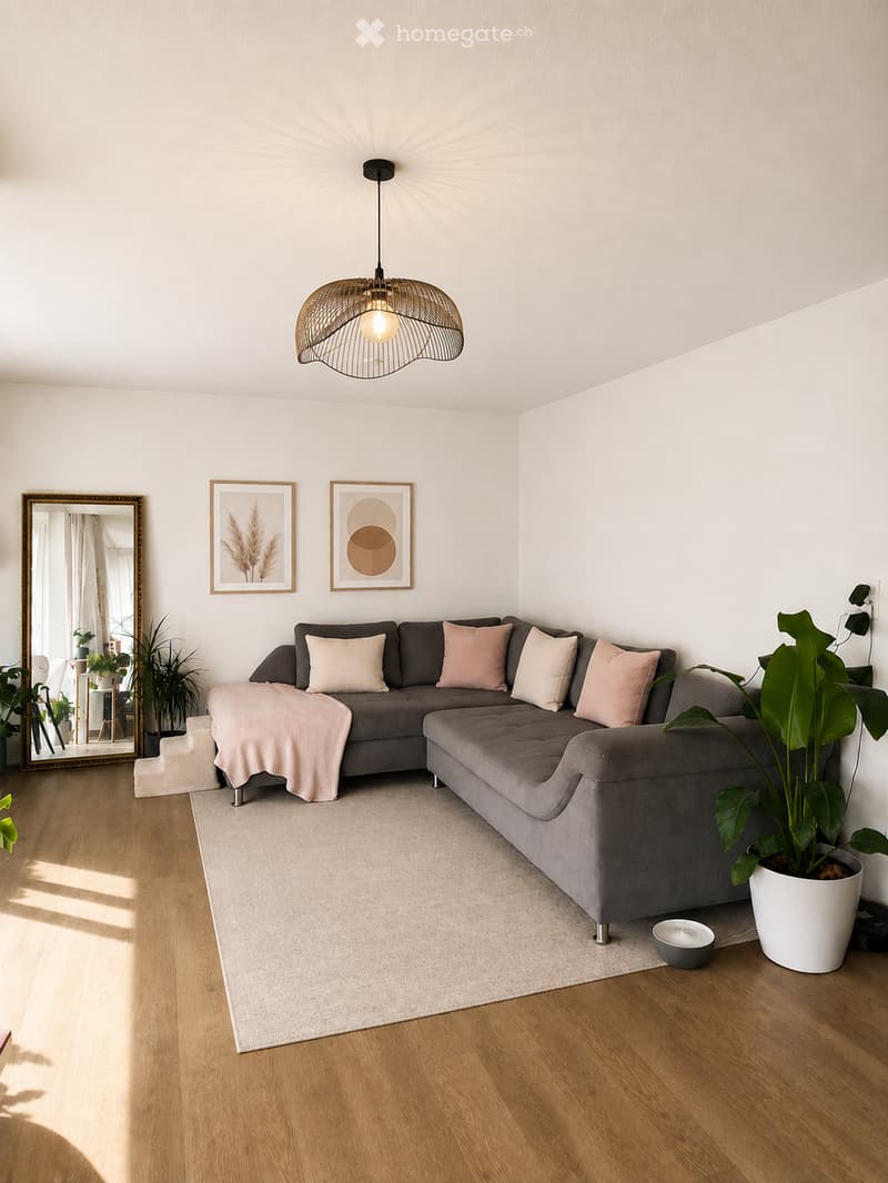 Modern living room with grey sectional sofa, throw blanket, large potted plant, mirror, picture frames, and a hanging pendant light.