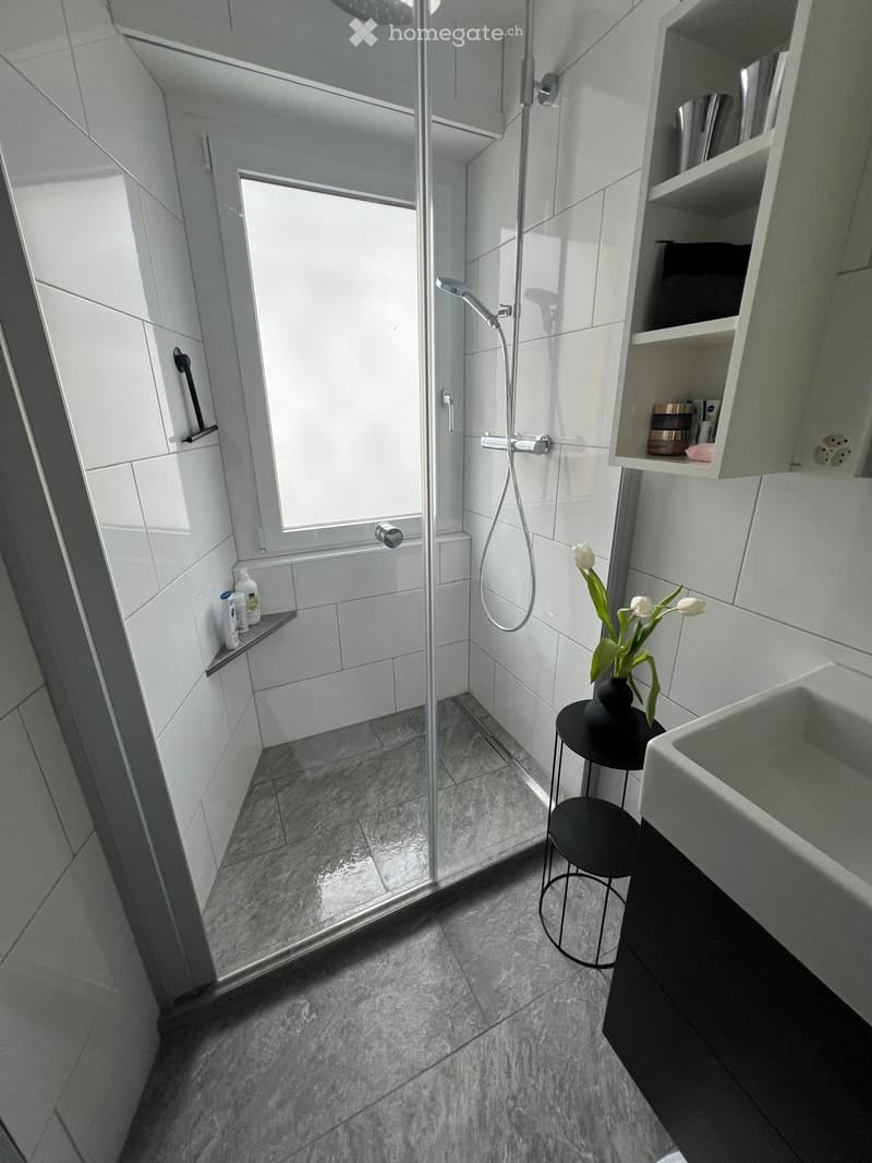 Modern bathroom with a glass-enclosed shower, grey tiles, a white sink, and a small black stool holding a vase with white flowers.