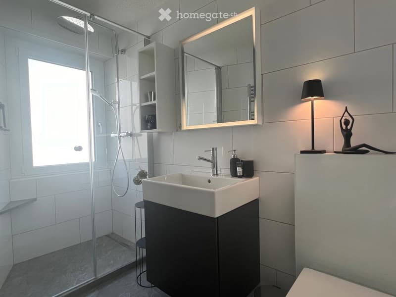 Modern bathroom with a white sink, sleek faucet, illuminated mirror, glass-enclosed shower, and a small black stool near the sink.