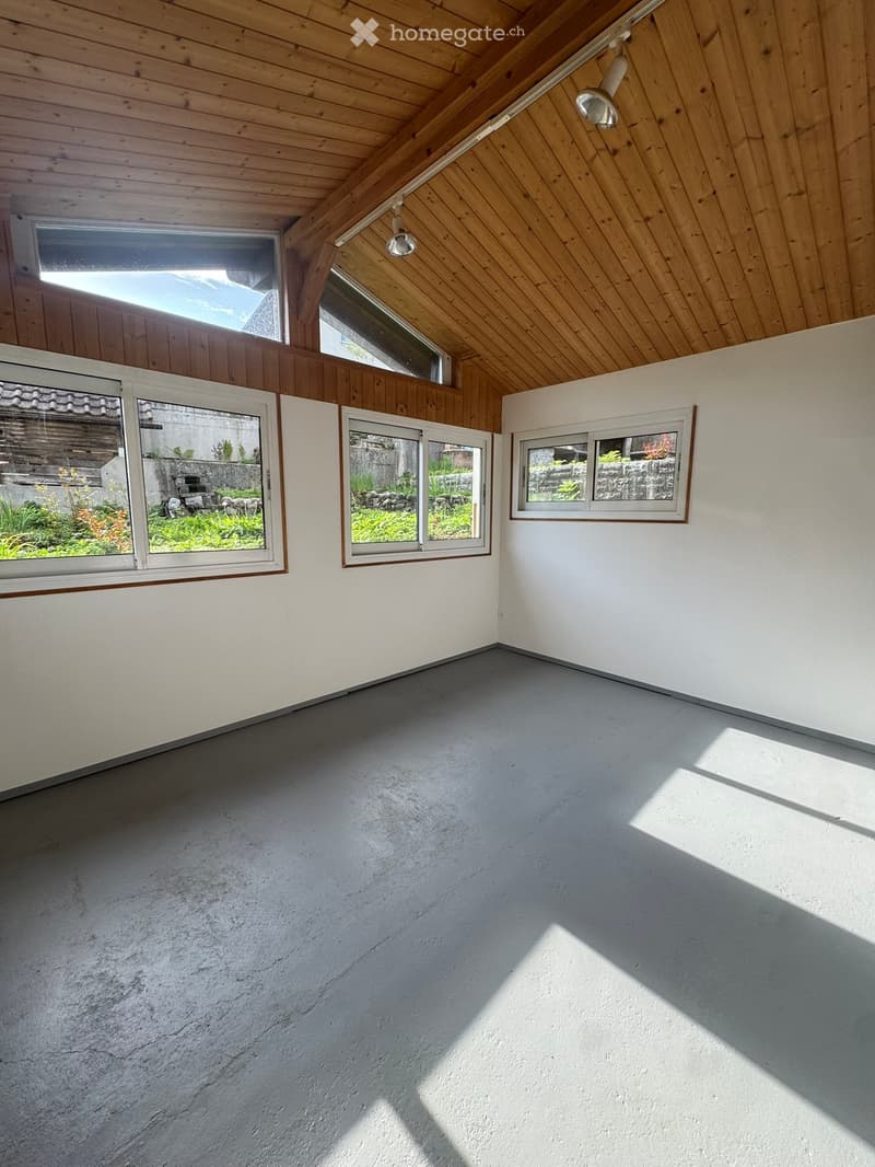 Empty room with wooden slatted ceiling, white walls, grey floor, and multiple windows offering views of the garden and outdoor area.