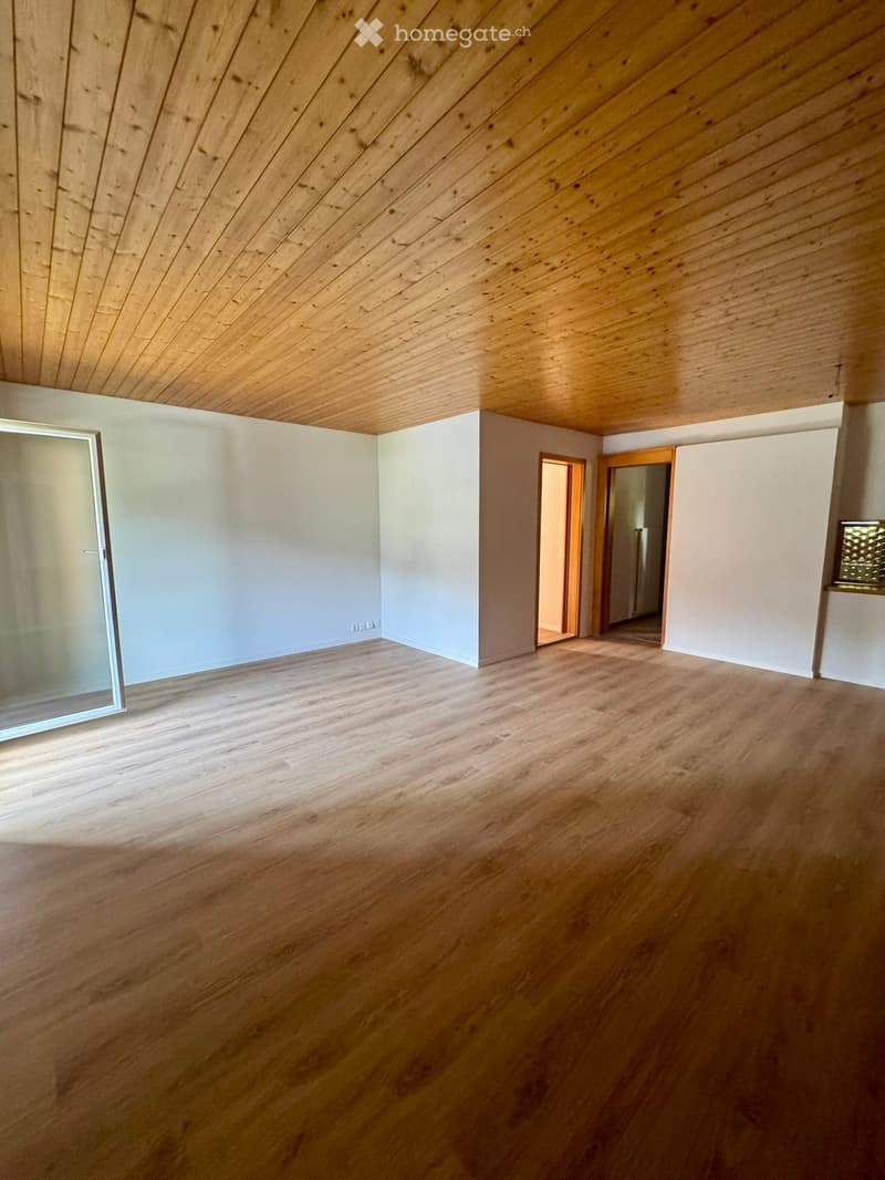 Empty room with wooden flooring and light-colored walls, featuring a glass door and open doorways leading to other spaces.