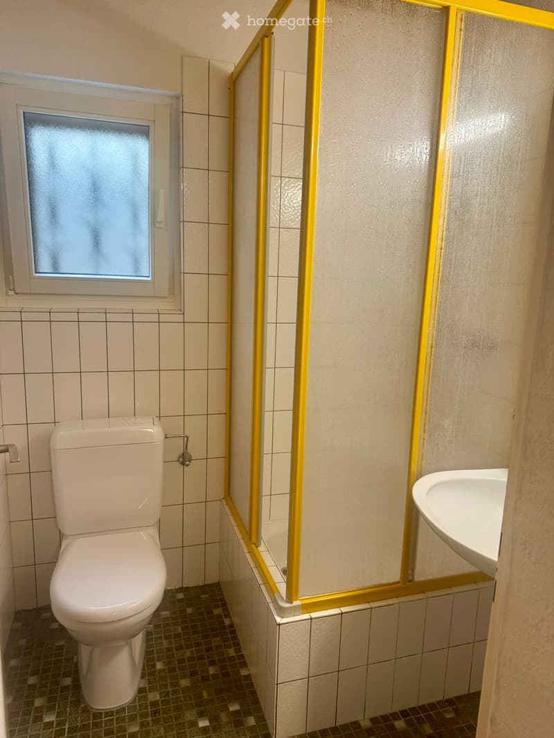 Bathroom with white toilet, white sink, and a shower with yellow frame. Tiled walls and floor.