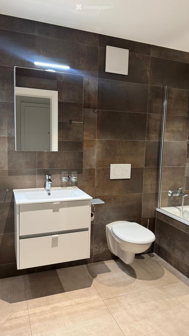 Modern bathroom with dark brown tiles, white sink cabinet, mirror, toilet, and two cups on the sink.