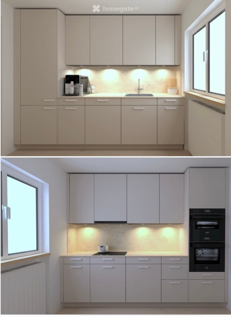 Two modern kitchen layouts with light-colored cabinets, built-in appliances, and sleek countertops.