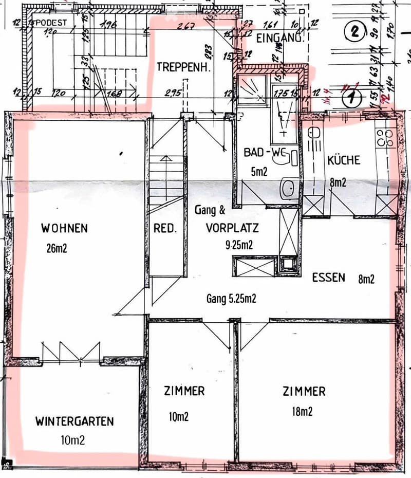 Floor plan showing a multi-room layout including living area, dining area, kitchen, two bedrooms, bathroom, hallway, and winter garden.