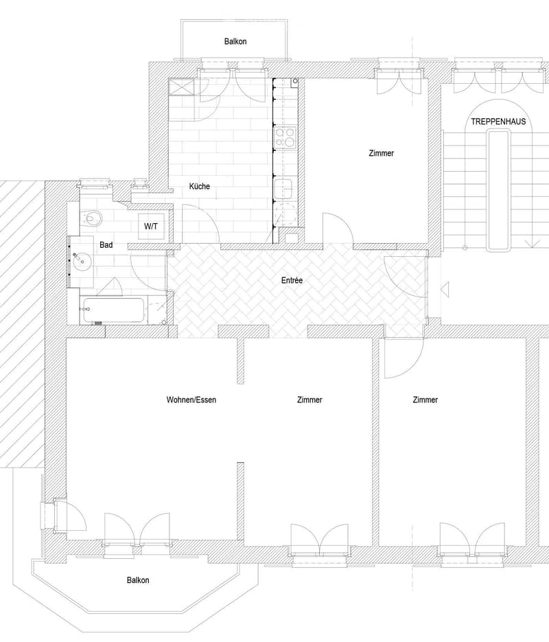 Floor plan showing a multi-room layout including a kitchen, living/dining area, bedrooms, bathrooms, and a balcony.