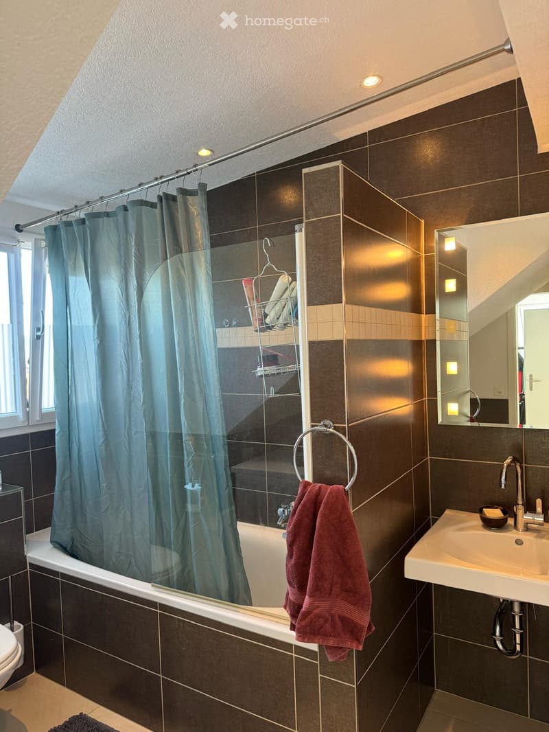 Modern bathroom with dark tiled walls, a bathtub with a shower curtain, a sink with a mirror, and a towel hanging on a ring.