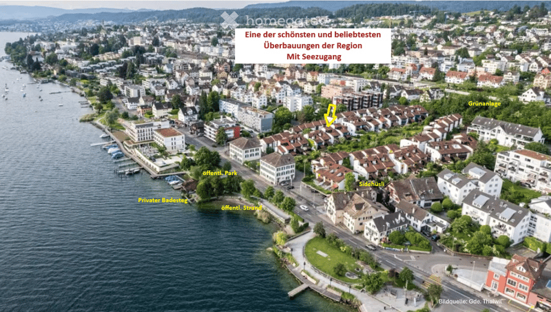 Aerial view of a lakeside town with residential buildings, waterfront, and surrounding greenery.