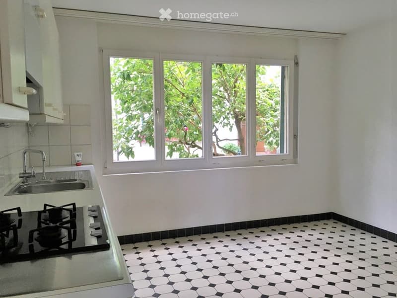 Modern kitchen with white walls, black and white hexagonal tile floor, stainless steel sink and stove, and large windows overlooking a green area.