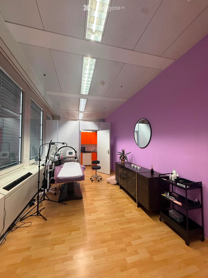 A well-lit, modern room with purple walls, wooden flooring, and a variety of furniture including a mirror, cabinet, stool, table, and chair. The room features a small plant and a lamp, with a view of a cityscape through large windows.