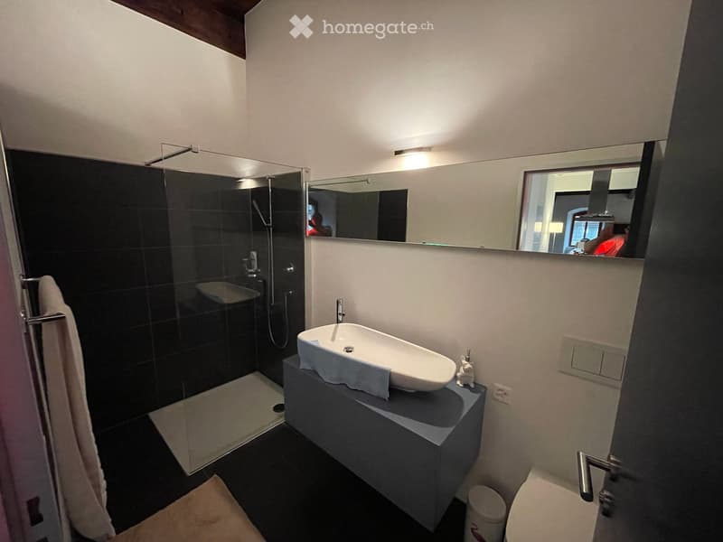 Modern bathroom with a white sink on a dark vanity, a large mirror, a glass-enclosed shower, and a towel on a rack.