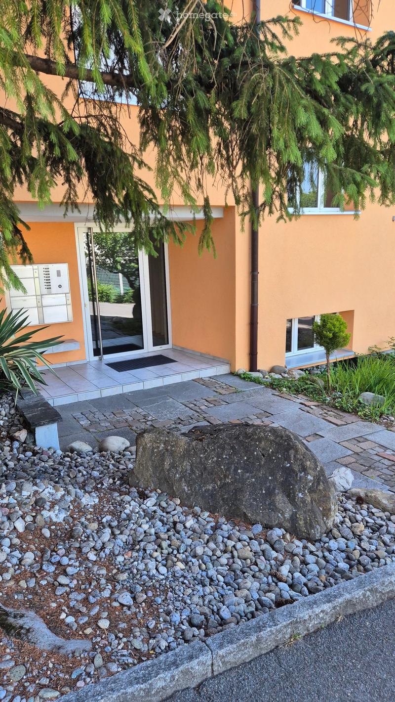 Front garden area with a large rock, small plants, and a paved walkway leading to a building entrance.