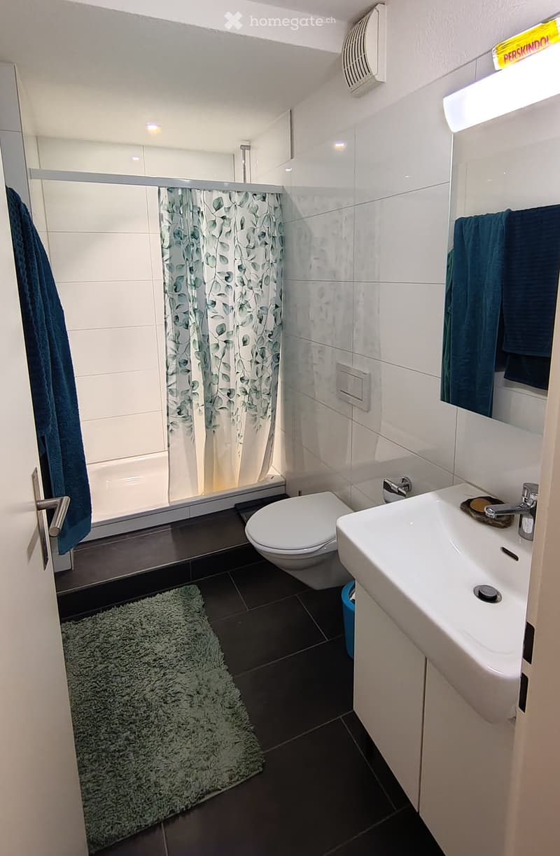 Modern bathroom with white tiles, black floor tiles, a toilet, a sink with a mirror, a shower with a leaf-patterned curtain, and a fluffy rug on the floor.